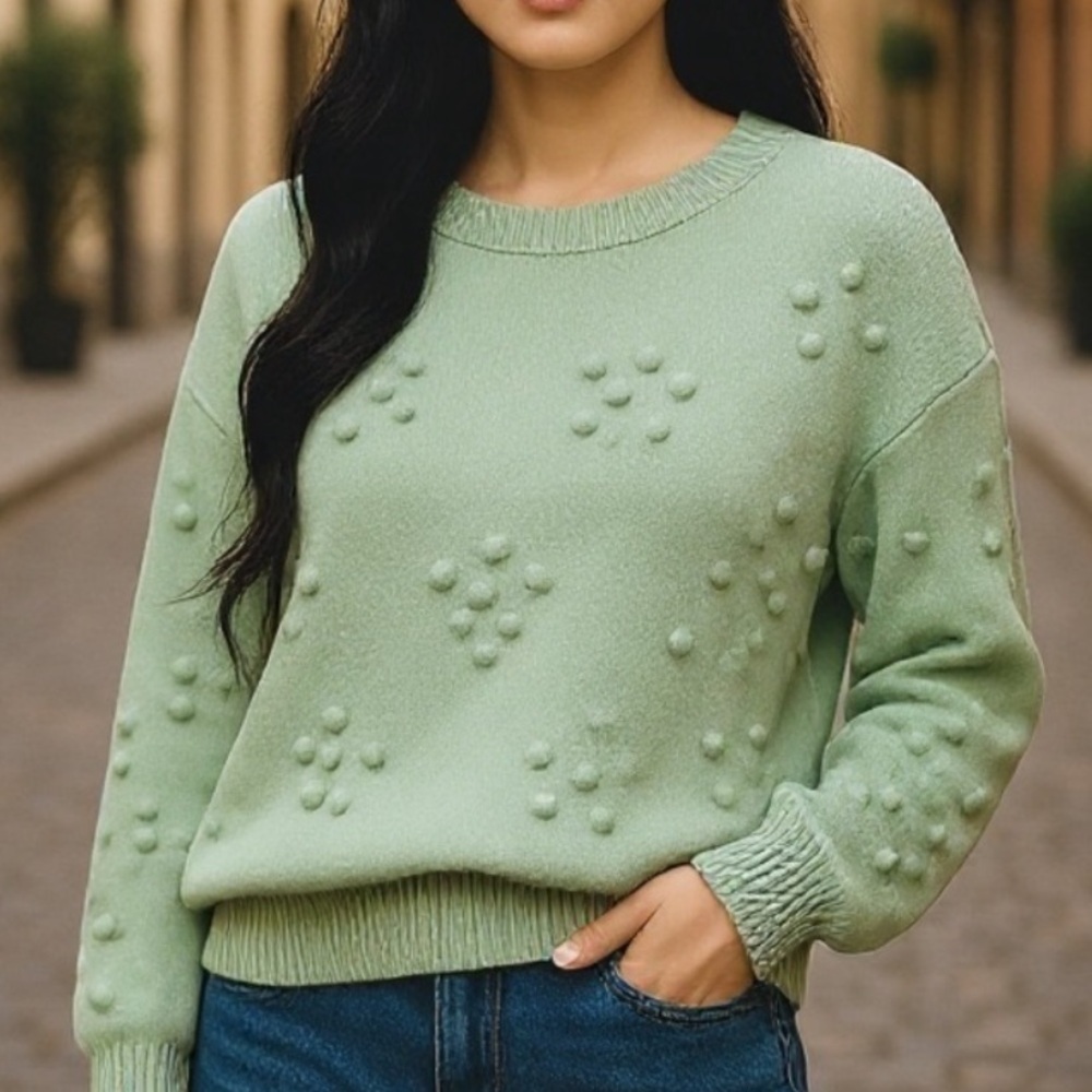 LALAVON CREW NECK TEXTURED MINT GREEN LOOSE FITTING BALLON SLEEVE SWEATER SZ L
